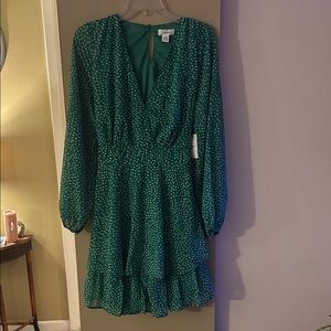 Japna Emerald Green Polka Dot Long-Sleeve Wrap Dress